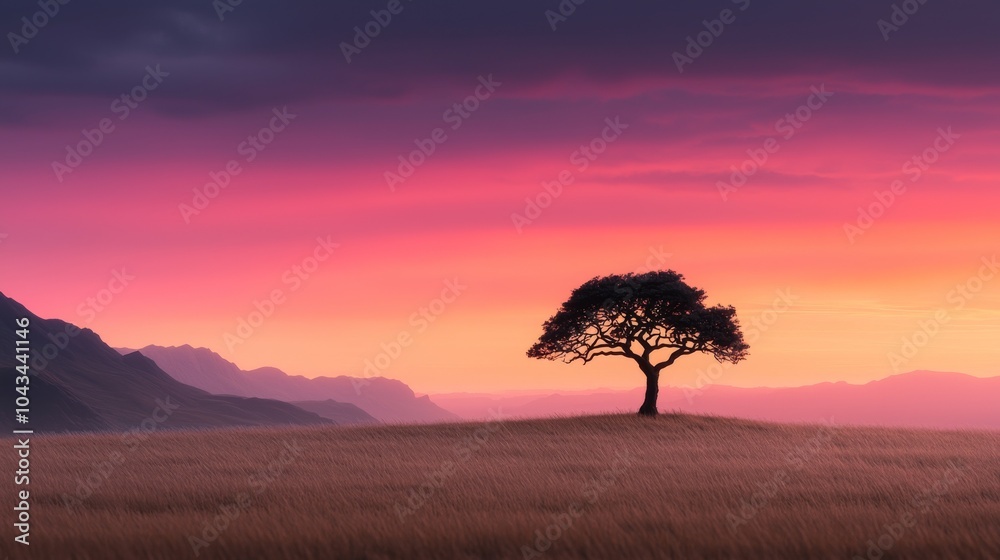 Lone Tree Silhouette Against Pink Sunset Sky Over Grassy Hills Lone Tree Silhouette Against Pink Sunset Sky Over Grassy Hills