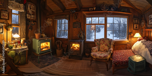 he cabin interior is cozy and rustic with an old-fashioned wood-burning stove and vintage furniture. photo