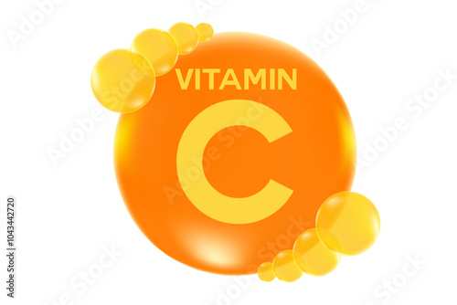 Vitamin C glowing 3D molecule element or bubble isolated, transparent background. Rich fluid orange, lemon color flowing bubbles, supplement skin products banner, presentation, infographic design