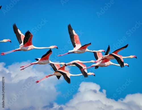 Flock of birds seagulls pelicans and flamingos migrating