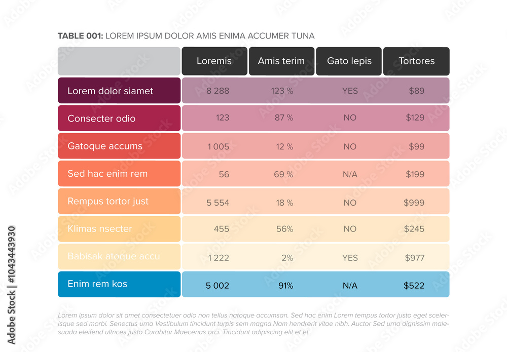 Simple stylized red color data table layout template with blue line