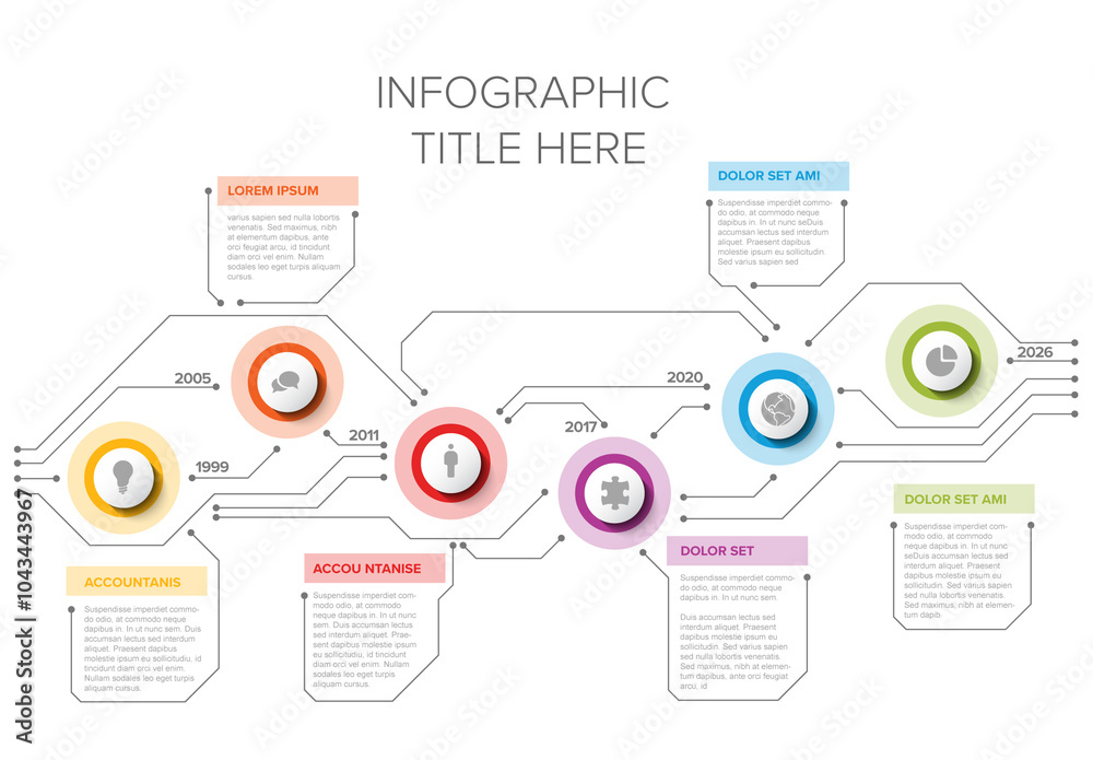 Colorful Circular Infographic Design Timeline Template with six elements icons and years