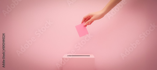 A symbolic image of a hand placing a pink ballot card into a slot, representing the act of voting and civic responsibility in modern elections with a simplistic, calm design.