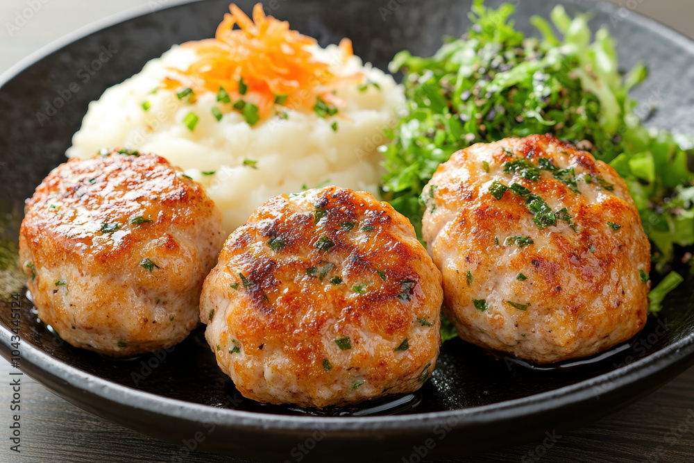 fried meatballs served with creamy mashed potatoes and a fresh green salad. AI generative. fried meatballs served with creamy mashed potatoes and a fresh green salad. AI generative.
