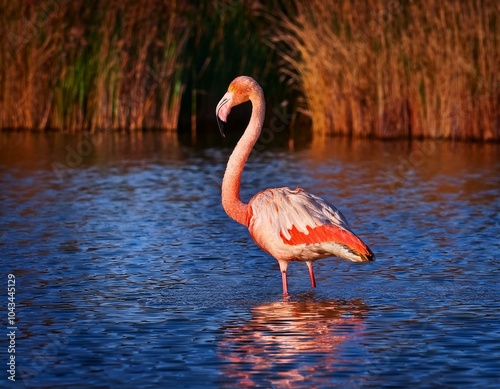 two flamingos are resting in the water