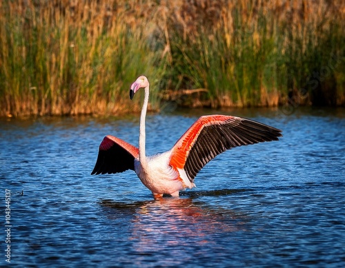 two flamingos are resting in the water