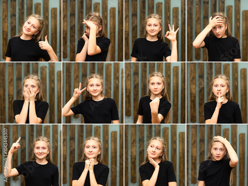 Emotional face teen girl model, different facial expressions collage set portraits of teenage in black t-shirt. Actress 11 year old emotions portfolio. Actor set emotion concept. Copy ad text space photo