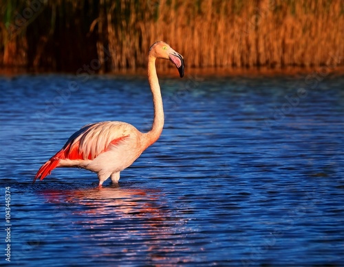 two flamingos are resting in the water