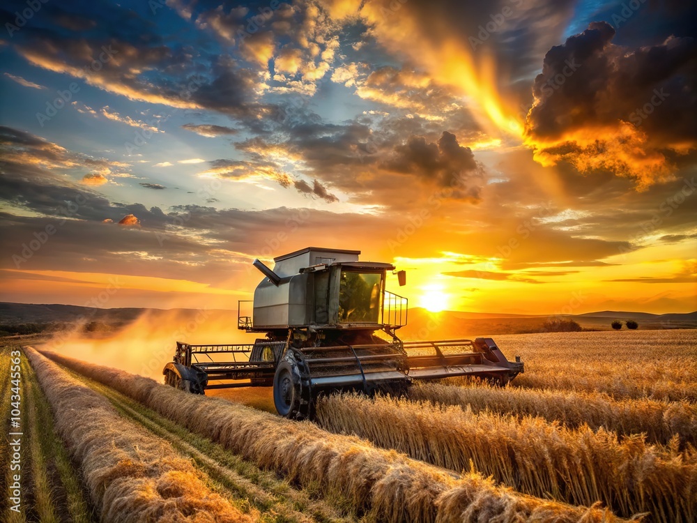 Fototapeta premium The harvester, a silhouette, bathed in golden sunset.