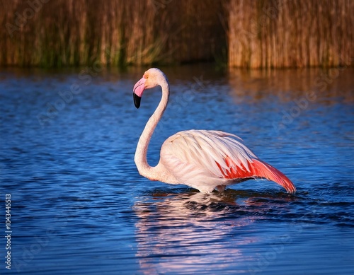 two flamingos are resting in the water