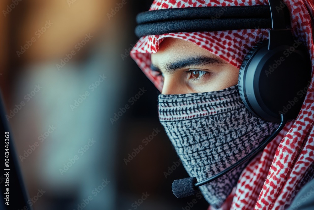 Fototapeta premium Close-up of a man wearing a keffiyeh and headphones