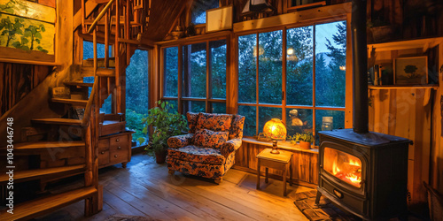 the cabin interior is cozy and rustic, featuring an old-fashioned wood-burning stove and vintage furniture. photo