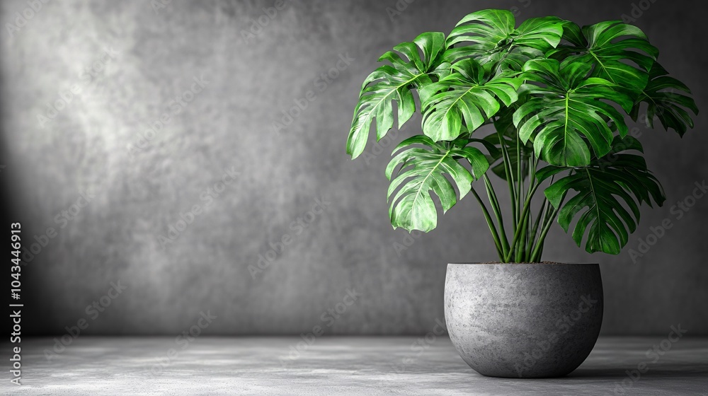 Monstera Plant in Gray Flowerpot on Concrete Floor Monstera Plant in Gray Flowerpot on Concrete Floor
