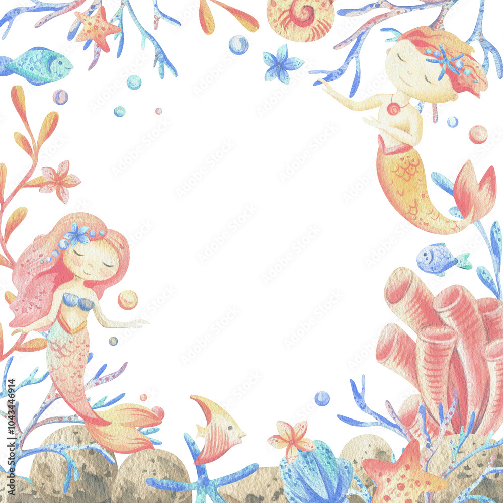 Fototapeta premium Mermaid little boy and girl with sea corals, algae, shells, starfish, fish, bubbles. Watercolor illustration hand drawn in coral, turquoise and blue colors. Square frame template