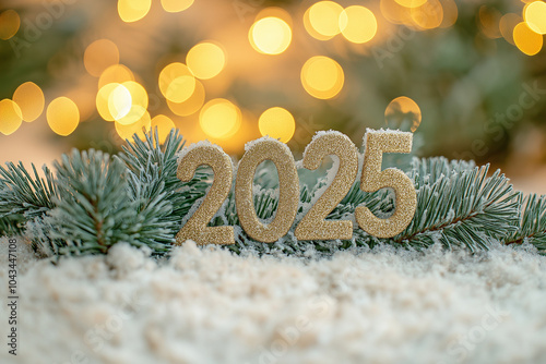 
little letters "2025" made from christmas trees spruce branches. spruce branches are soft and fluffy, covered with snow, atmospheric spruce needles are long and short, natural, over festive blurred