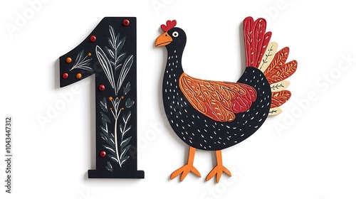 Colorful Number One with Decorative Hen Illustration photo