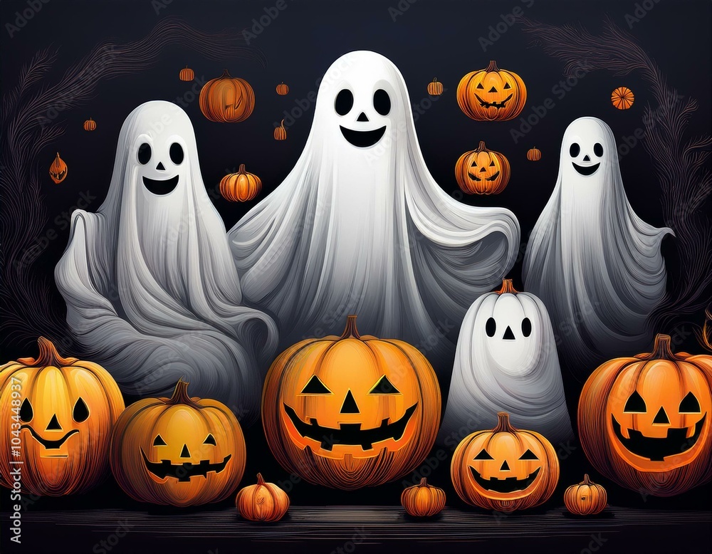 Funny Halloween ghost and Halloween pumpkins with space for text over orange background. Funny Halloween ghost and Halloween pumpkins with space for text over orange background.