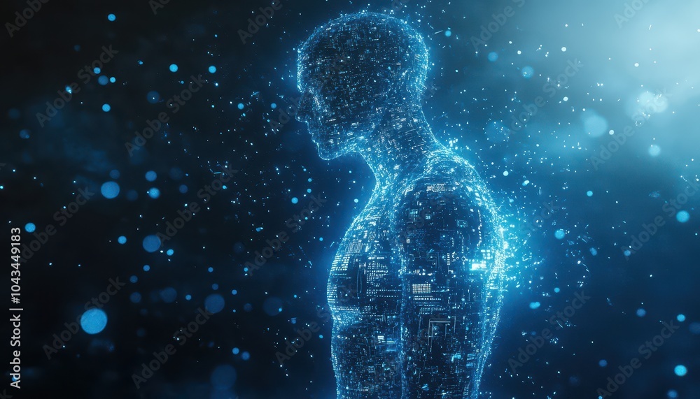 Digital Human Form Constructed From Blue Particles Digital Human Form Constructed From Blue Particles