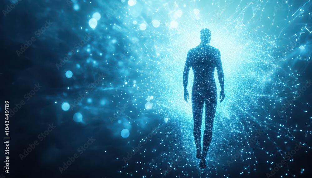 Silhouette of a Man Walking Through a Blue, Glowing, and Interconnected Network of Lights Silhouette of a Man Walking Through a Blue, Glowing, and Interconnected Network of Lights