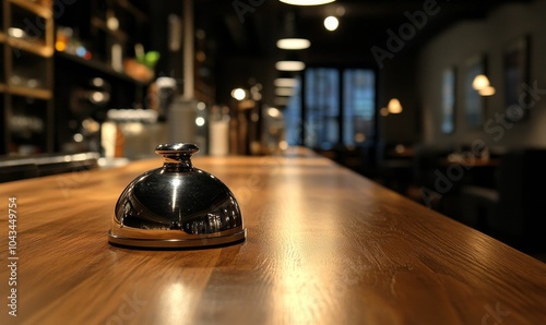 A silver bell sits on a wooden table.