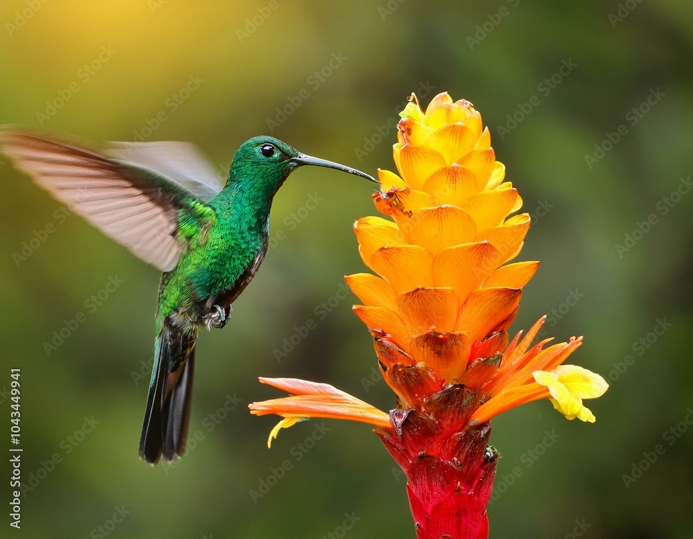 Fototapeta premium Green hummingbird Green-crowned Brilliant, Heliodoxa jacula, from Costa Rica flying next 