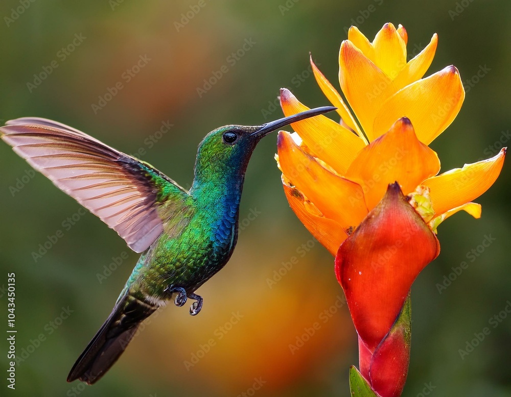 Fototapeta premium Green hummingbird Green-crowned Brilliant, Heliodoxa jacula, from Costa Rica flying next 