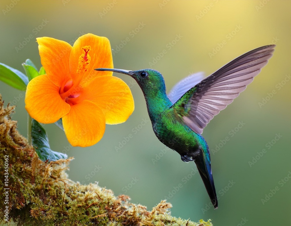 Fototapeta premium Green hummingbird Green-crowned Brilliant, Heliodoxa jacula, from Costa Rica flying next 