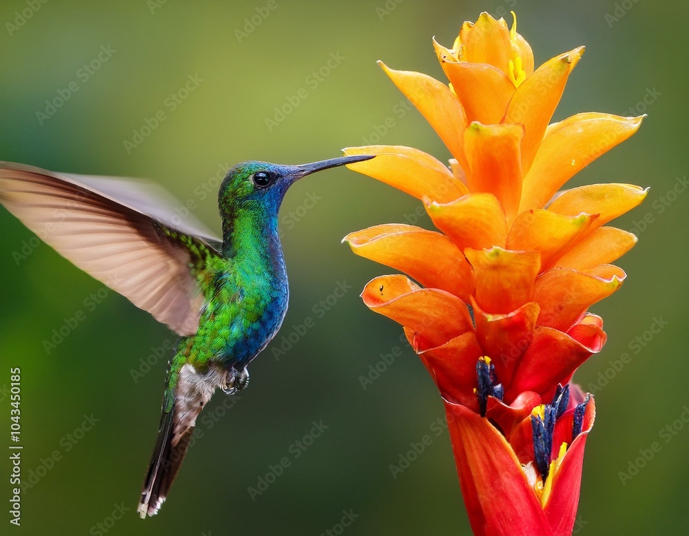 Fototapeta premium Green hummingbird Green-crowned Brilliant, Heliodoxa jacula, from Costa Rica flying next 