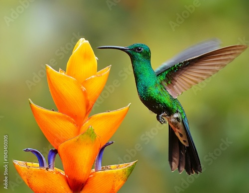 Green hummingbird Green-crowned Brilliant, Heliodoxa jacula, from Costa Rica flying next  photo