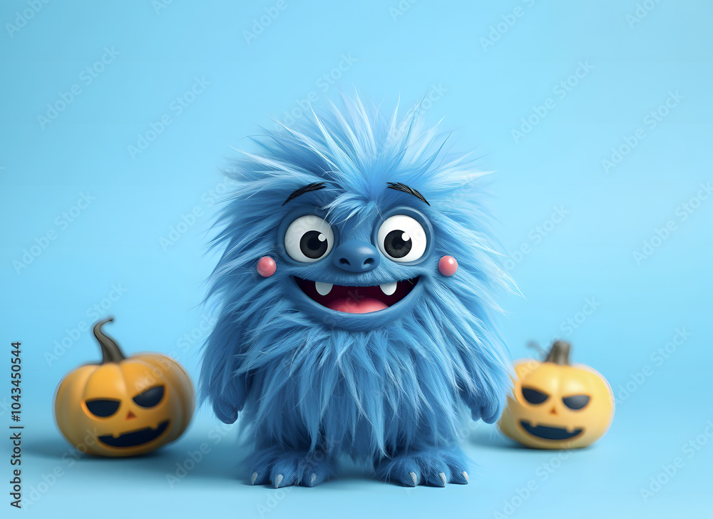 A cheerful fluffy blue monster on a bright blue background. A joyful and fluffy little weirdo. A charming yeti. A Halloween character. A cheerful fluffy blue monster on a bright blue background. A joyful and fluffy little weirdo. A charming yeti. A Halloween character.