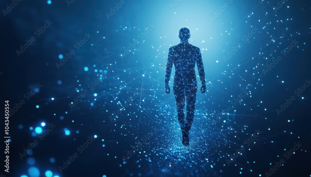 Naklejka premium A Digital Silhouette of a Human Walking Through a Network of Connections