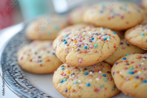 A close-up of cookies with colorful sprinkles