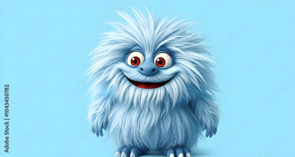 Fototapeta premium A cheerful fluffy blue monster on a bright blue background. A joyful and fluffy little weirdo. A charming yeti. A Halloween character.