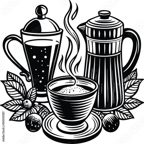 Line drawing of coffee and tea time, featuring cups, teapots, mugs, beans, and leaves in minimal style.