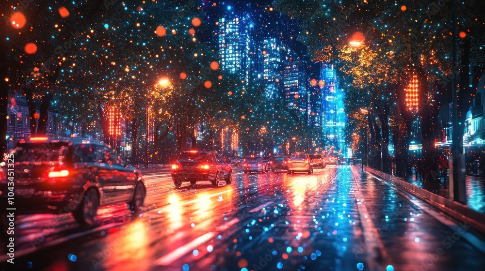 Obraz premium Futuristic Cityscape with Holographic Elements at Night