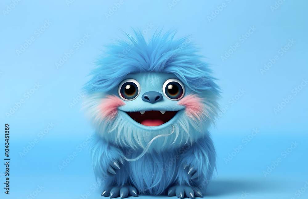 Obraz premium A cheerful fluffy blue monster on a bright blue background. A joyful and fluffy little weirdo. A charming yeti. A Halloween character.