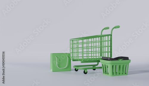 A green metal shopping cart sits empty in a bustling supermarket, ready to be filled with purchases