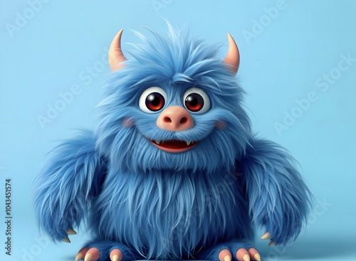 A cheerful fluffy blue monster on a bright blue background. A joyful and fluffy little weirdo. A charming yeti. A Halloween character. photo