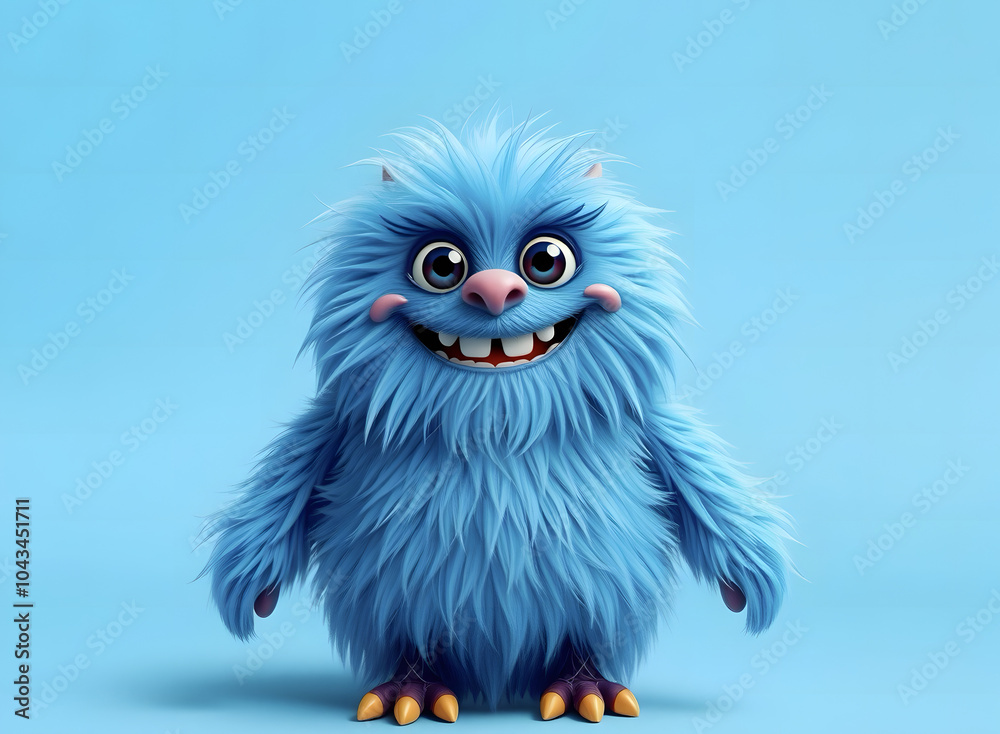 A cheerful fluffy blue monster on a bright blue background. A joyful and fluffy little weirdo. A charming yeti. A Halloween character. A cheerful fluffy blue monster on a bright blue background. A joyful and fluffy little weirdo. A charming yeti. A Halloween character.