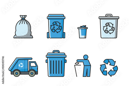 Blue waste management icons, including garbage bags, recycling containers, trash cans, a garbage truck, and a recycling symbol in blue and gray.