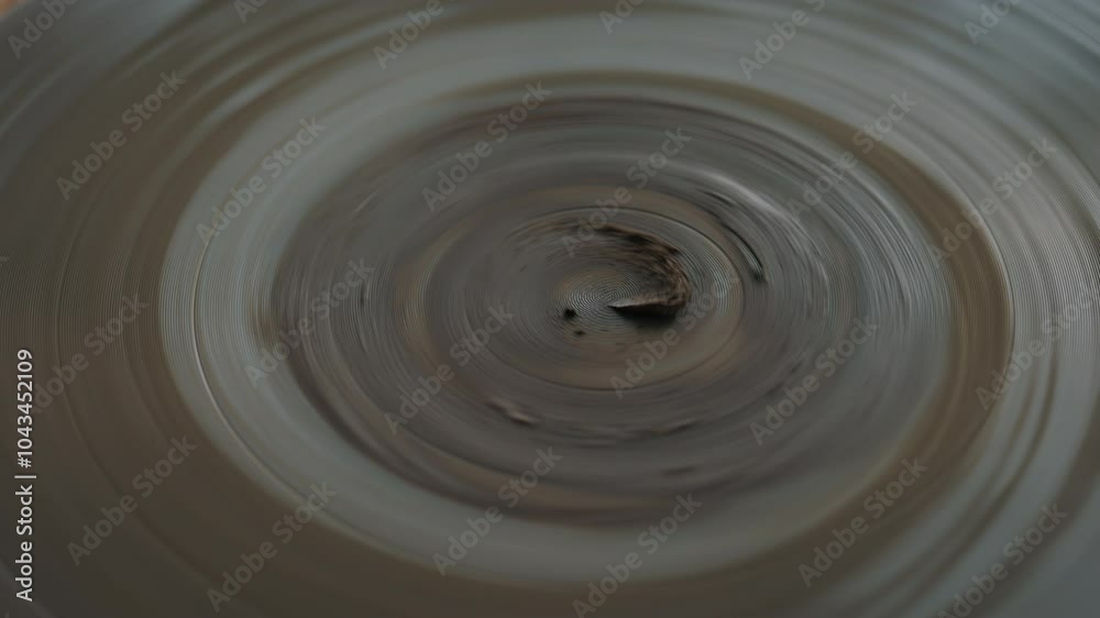 View from above on empty pottery wheel spinning endlessly with little amount of processed clay on top. Dirty equipment for ancient handiwork in looped motion ready for usage by master. View from above on empty pottery wheel spinning endlessly with little amount of processed clay on top. Dirty equipment for ancient handiwork in looped motion ready for usage by master.