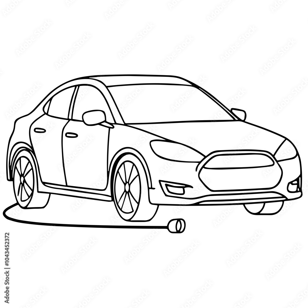 Fototapeta premium Outline drawing of an electric car with a charging cable in a modern style
