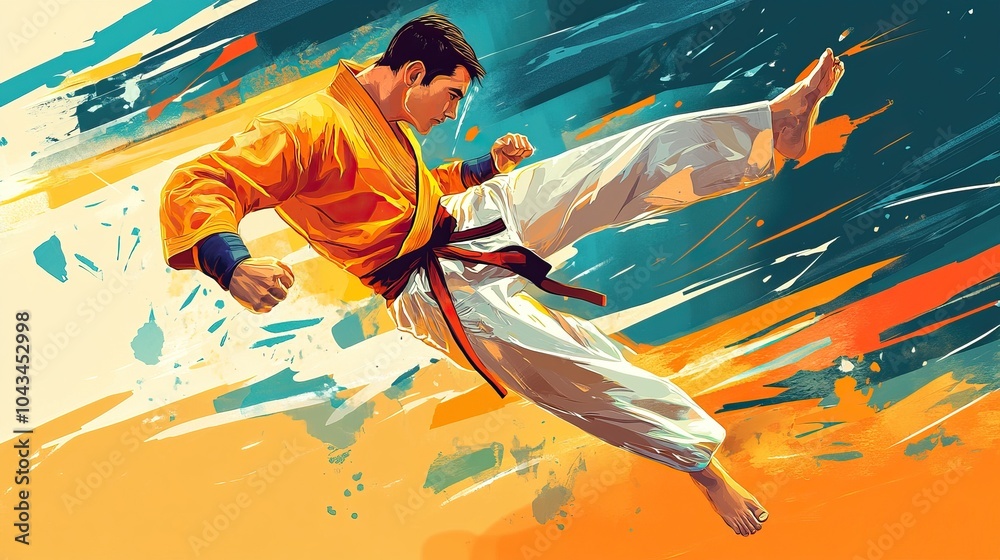 A martial arts hero performing a high kick, wearing traditional martial ...