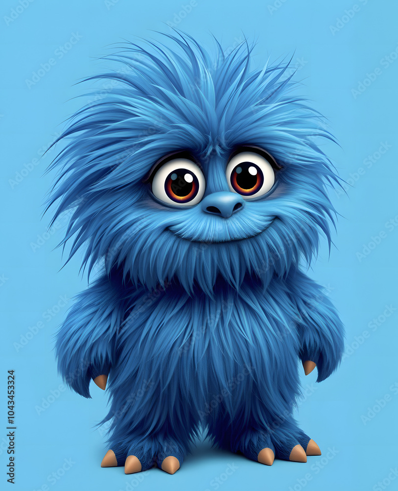 A cheerful fluffy blue monster on a bright blue background. A joyful and fluffy little weirdo. A charming yeti. A Halloween character.