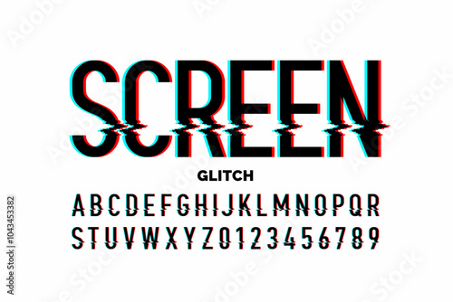 Screen glitch. Digitally distorted style font, alphabet and numbers vector illustration