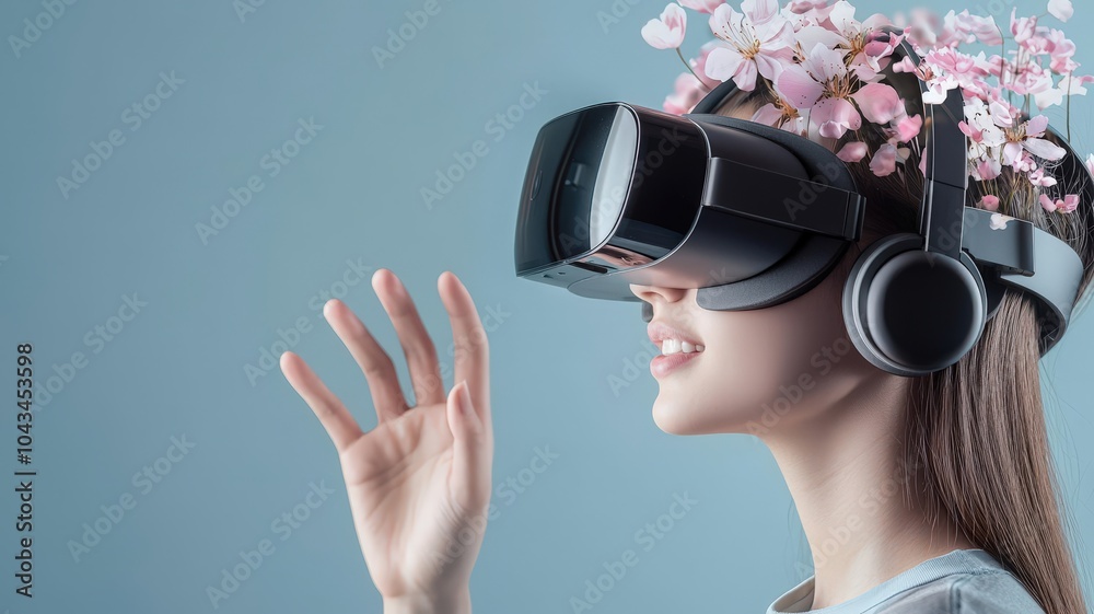 A woman wearing a VR headset adorned with flowers, immersed in a virtual experience, with headphones on and a hand gesture suggesting interaction. A woman wearing a VR headset adorned with flowers, immersed in a virtual experience, with headphones on and a hand gesture suggesting interaction.
