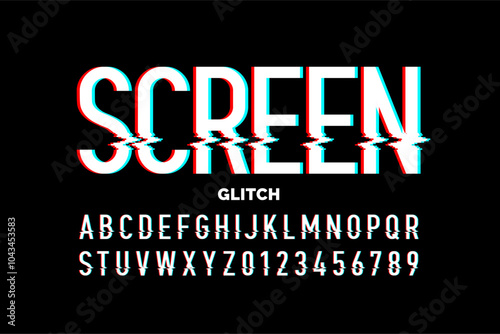 Screen glitch. Digitally distorted style font, alphabet and numbers vector illustration