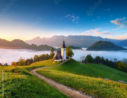 Beautiful autumn landscape of a church on a hill, in Slovenia. Idyllic rural scene in Slovenia photo