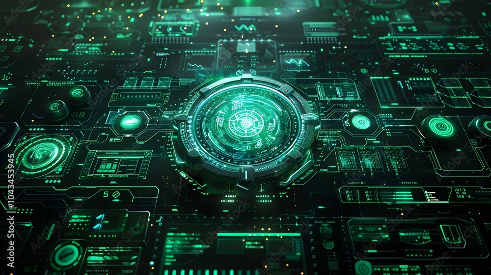 Futuristic Neon Powered Digital HUD Interface with Technology Background Futuristic Neon Powered Digital HUD Interface with Technology Background