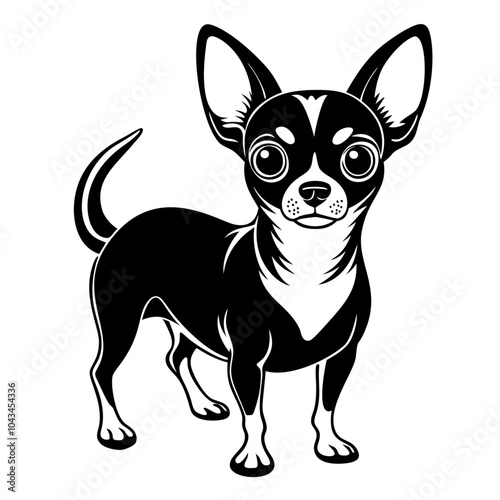 chihuahua dog full body icon. Black and white logo, dog silhouette, engraving style. Pet character. Vector illustration